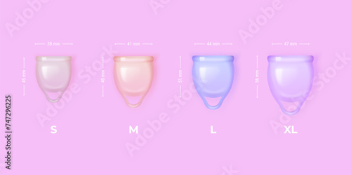 Realistic menstrual cups. 3d menstruation cup different size width height, nature feminine hygiene medical product for girl blood woman pms cycle period, exact vector illustration