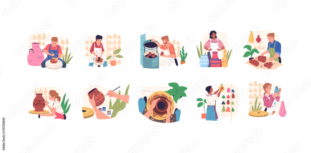 Pottery hobby. People making handmade ceramics in artisan workshop, ceramic handcraft clay craftsmanship mastering artist painting create craft Pottery hobby. People making handmade ceramics in artisan workshop, ceramic handcraft clay craftsmanship mastering artist painting create craft