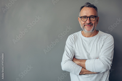 Confident Senior Businessman in Casual Attire Posing Against a Neutral Grey Background With Ample Copy Space