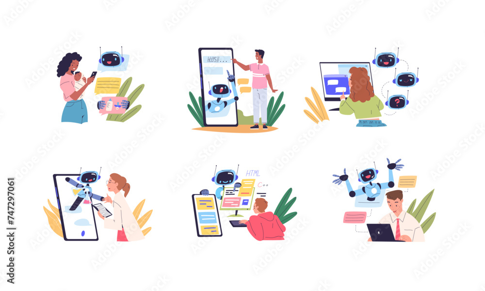 People chatbot communications. Student correspondence with gpt chat bot in phone, ai software artificial intelligence technology assistive robot service, classy vector illustration People chatbot communications. Student correspondence with gpt chat bot in phone, ai software artificial intelligence technology assistive robot service, classy vector illustration