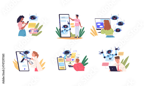 People chatbot communications. Student correspondence with gpt chat bot in phone, ai software artificial intelligence technology assistive robot service, classy vector illustration