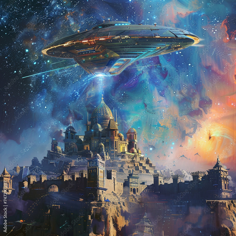Futuristic spaceship hovering over an exotic alien city vibrant colors advanced civilization galaxy stars backdrop