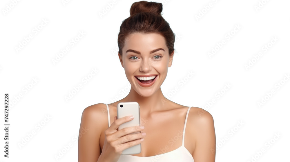 Delighted woman with smartphone, white tank top, turquoise background Delighted woman with smartphone, white tank top, turquoise background