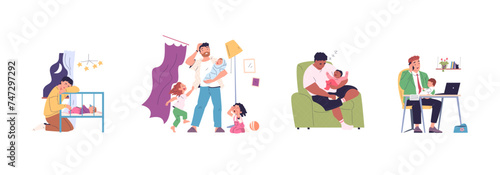 Tired father. Single dad tired father, frustrated tired man with toddler at home crib, annoyed sleepy parent crying baby colic parenting family problem, classy vector illustration