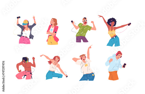 People listen music in phones. Teenagers listening music in headphone and sing, musical training dancing student relax enjoy wearing smartphone earphone, classy vector illustration