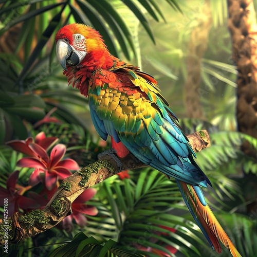 A realistic colorful Ara chloroptera perched on a tropical tree branch photo