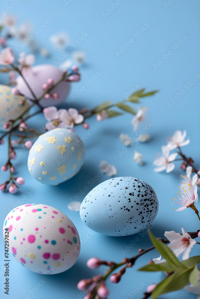 hoto with colored Easter eggs and spring flowers on blue background. Happy Easter concept banner. Top view design for spring  template, card, poster, ads.