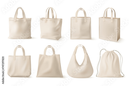 Realistic fabric bags. Canvas totebag black hessian jute bag, fashion eco recycle cloth handbag mockup for shopper buying in grocery shop, cotton ecobag nowaday vector illustration