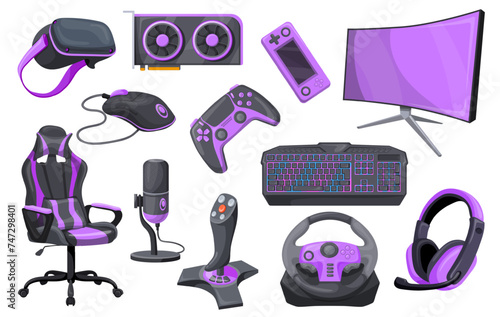 Gamer accessories. Professional gaming equipment game streaming set, videogame isolated tools headset keyboard mouse display mic chair pc hardware device neat vector illustration