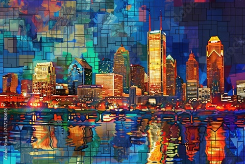 Colorful Urban Energy: Detailed Mosaic-style Skyline Alive with Bright Hues and Motion