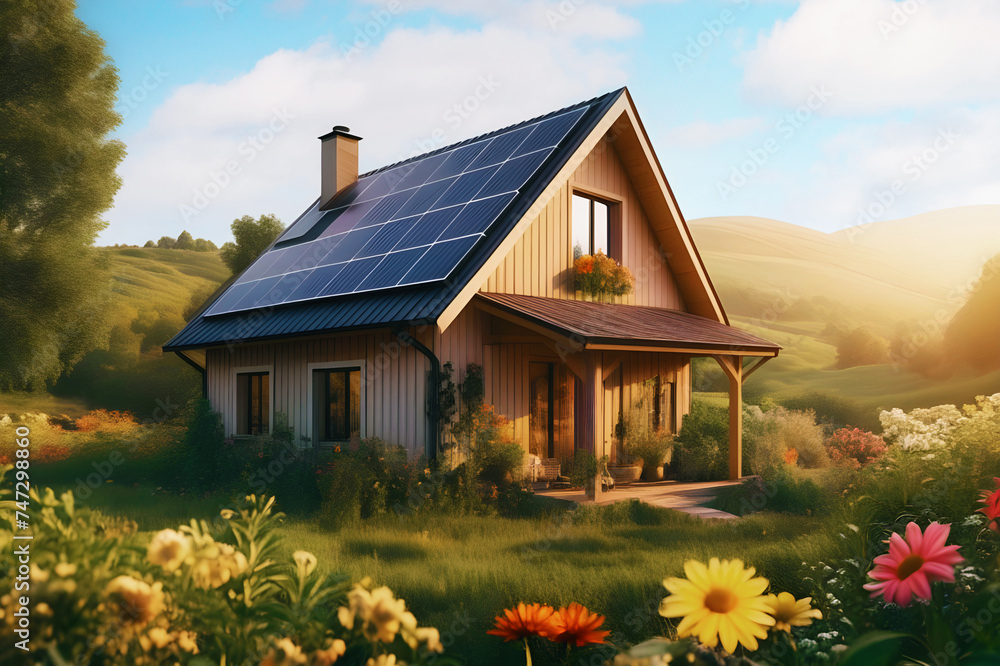 Settlement of small houses with solar panels on the roof of the house, near the sea, the beach and beautiful nature and flowers illuminated by bright sunlight on a summer day at noon