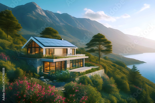 Settlement of small houses with solar panels on the roof of the house, near the sea, the beach and beautiful nature and flowers illuminated by bright sunlight on a summer day at noon