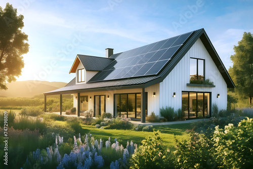 Settlement of small houses with solar panels on the roof of the house, near the sea, the beach and beautiful nature and flowers illuminated by bright sunlight on a summer day at noon