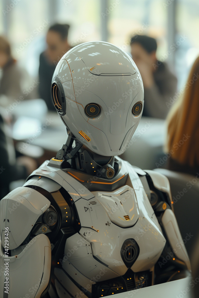 robot sitting in an office working with human AI with Human concept robot sitting in an office working with human AI with Human concept