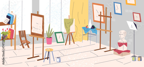 Fine art studio. Artists workshop atelier room interior, painting academy class school classroom easel plaster canvas table painter workplace accessories classy vector illustration