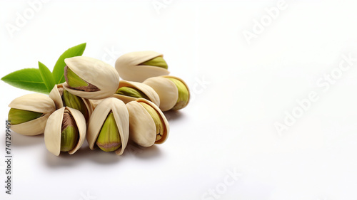 Natural pistachios in a hard beige shell with nuts inside on a white background