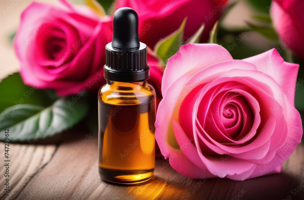 Cosmetic amber glass bottle with floral Essential oil from rose. Alternative aromatherapy. Natural and vegan ingredients in cosmetic and medicine