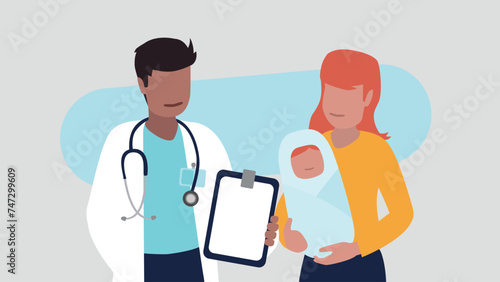 Vektor-Illustration eines männlichen Arztes mit einer jungen Mutter und ihrem neugeborenen Baby - Gesundheit Konzept