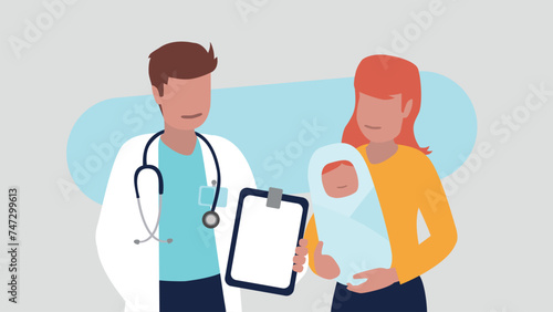 Vektor-Illustration eines männlichen Arztes mit einer jungen Mutter und ihrem neugeborenen Baby - Gesundheit Konzept