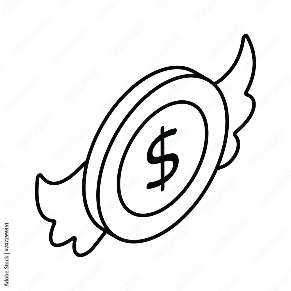 Dollar coin with wings showing concept icon of flying money in trendy style Dollar coin with wings showing concept icon of flying money in trendy style