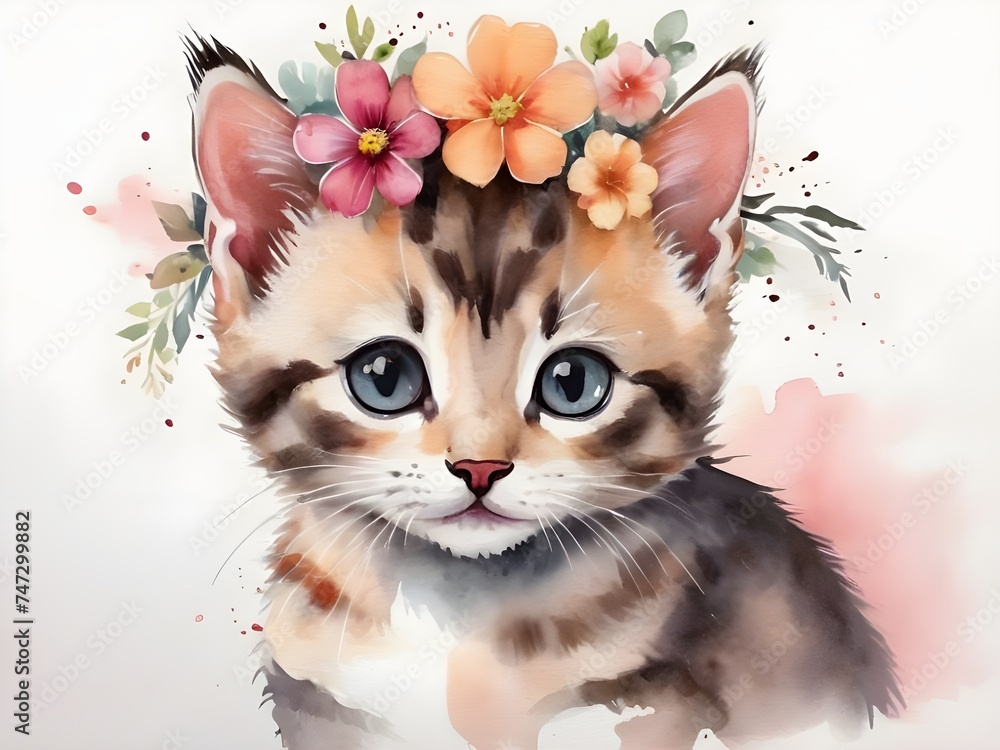 A cute cat wearing a watercolor flower crown