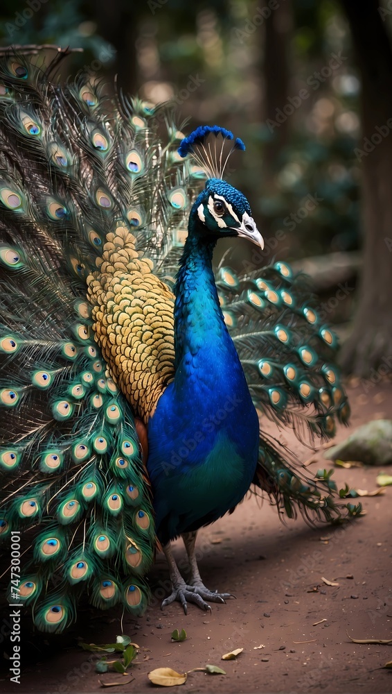Fototapeta premium peacock with feathers out in park