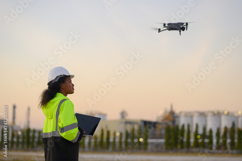 female engineers wearing uniforms and helmets fly drones to inspect petroleum industry projects.