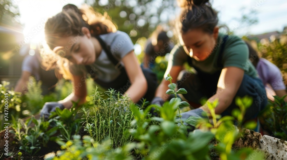 A group of workers tend to a community garden on the factory grounds growing herbs and vegetables for use in the production process. A group of workers tend to a community garden on the factory grounds growing herbs and vegetables for use in the production process.