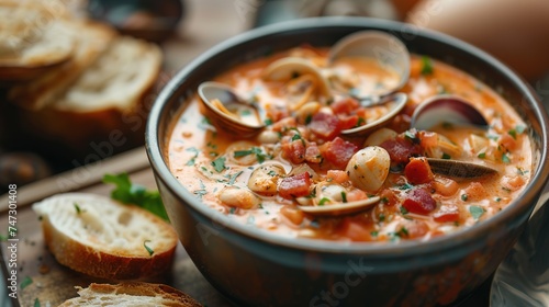 Close up bowl of tomato clam chowder with clams and bacon on table