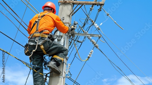 High voltage power electrician works in live wires on a high pole. Unwavering and committed, a male electrician keeps us energized.