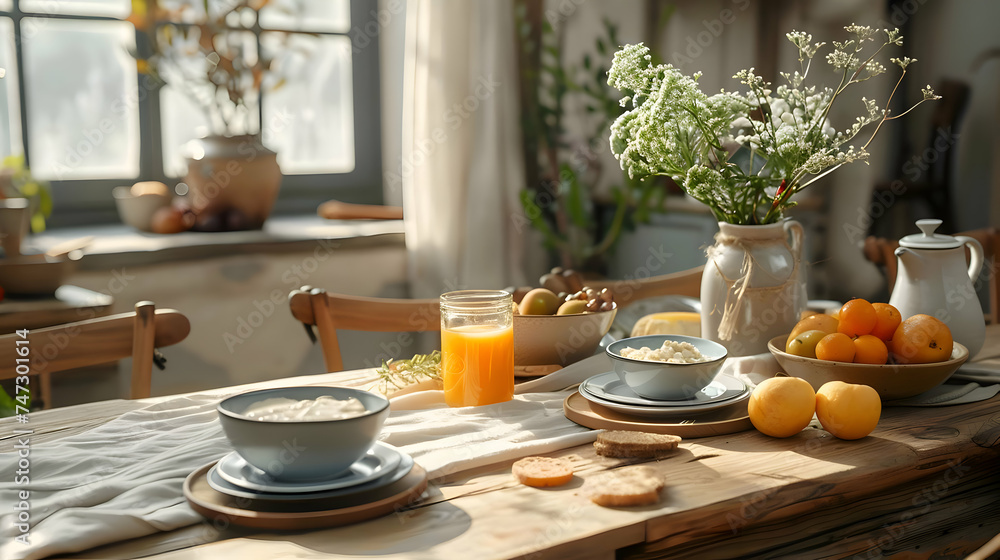 Served breakfast on a wooden table. Light and healthy. High-resolution