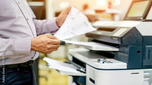 Man in office with printer. Printing excellence achieved by the skilled office man.