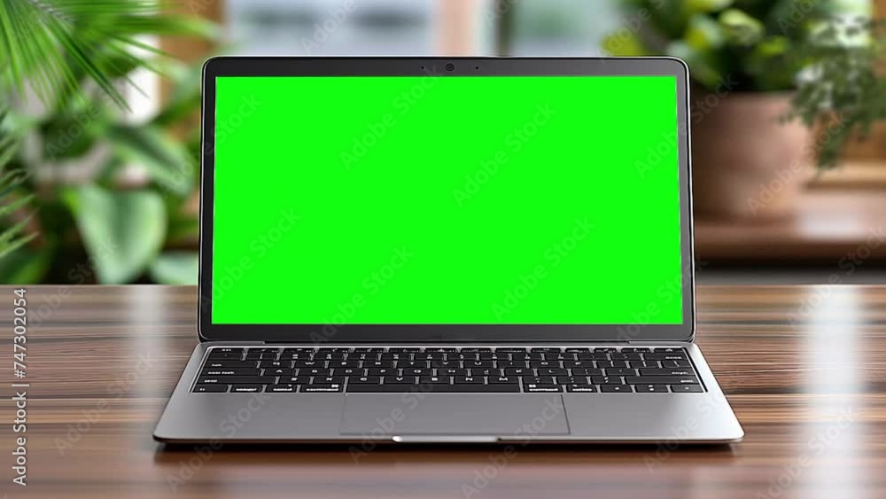 Zoom in animation of Laptop with blank green screen with plant moving, inside Home interior background Zoom in animation of Laptop with blank green screen with plant moving, inside Home interior background