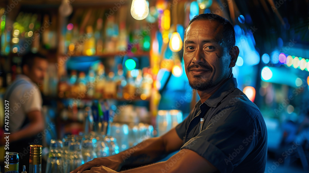 Close up portrait of barman in bar. 