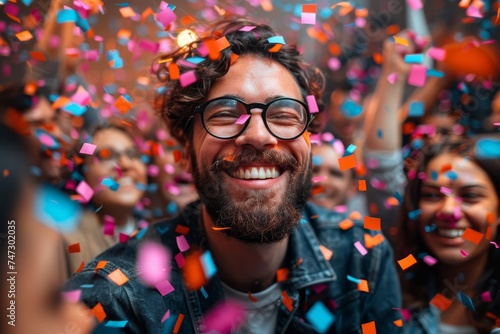 Smiling Man Surrounded by Confetti