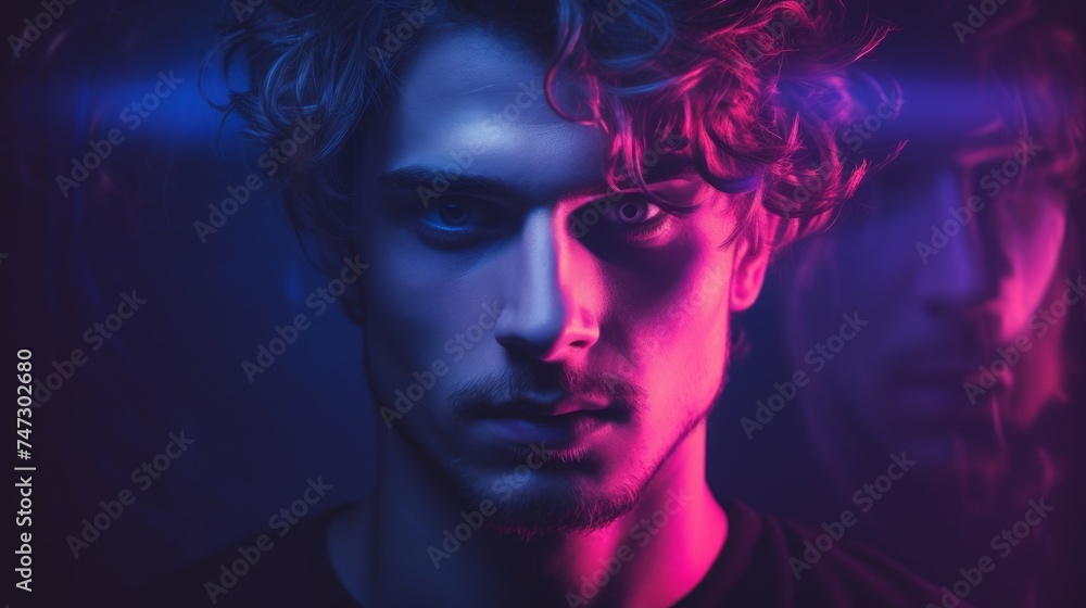 Character a model man portrait with neon lights reflection