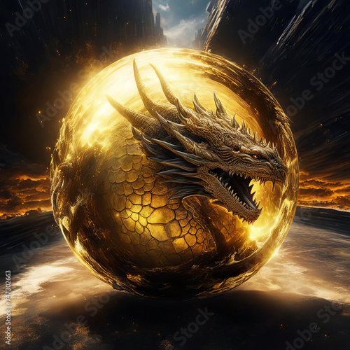 Dragon in a golden sphere.