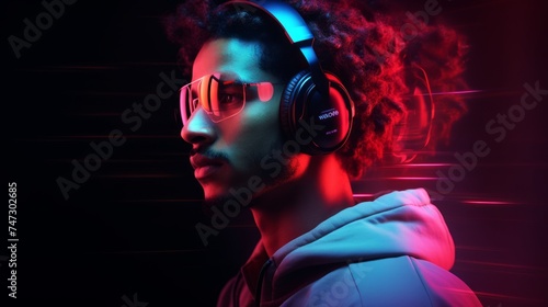 Character a model man portrait with neon lights reflection wearing headphones
