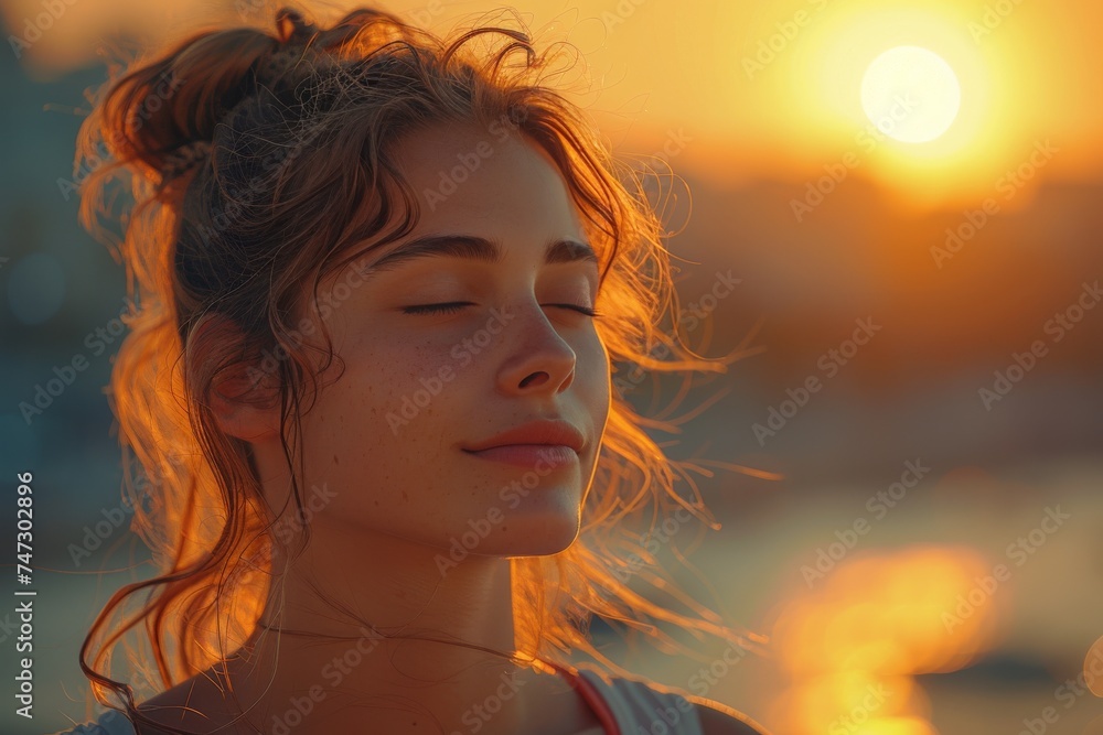 Woman Standing With Eyes Closed in Front of Sun Woman Standing With Eyes Closed in Front of Sun