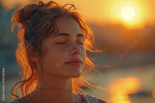 Woman Standing With Eyes Closed in Front of Sun