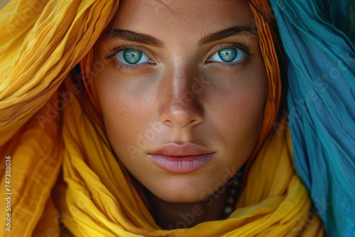 Woman With Blue Eyes Wearing Yellow Scarf