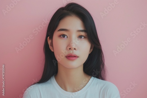 An Elegant Korean Woman Exuding 90s Charm in White T-shirt and Jeans, Against Plain Background