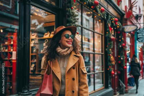 A stylish woman stands outside a clothing store, wearing a red coat, hat, and sunglasses as she takes in the city's street fashion