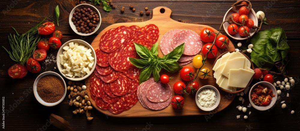 A wooden cutting board holds Italian pizza toppings such as mozzarella cheese, pepperoni, tomatoes, and spices in a neat arrangement. A wooden cutting board holds Italian pizza toppings such as mozzarella cheese, pepperoni, tomatoes, and spices in a neat arrangement.