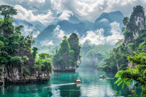 A picturesque landscape of boats floating on a serene lake surrounded by lush trees, towering mountains, and a clear blue sky
