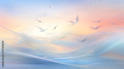 Paisagem serena com pássaros voando sobre ondas suaves em cores pastel.