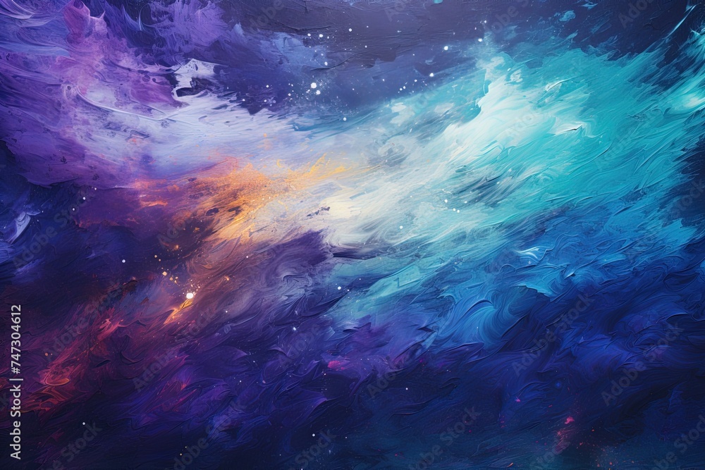 Abstract artistic space galaxy background with rough brush strokes of dark blue, purple, white colors