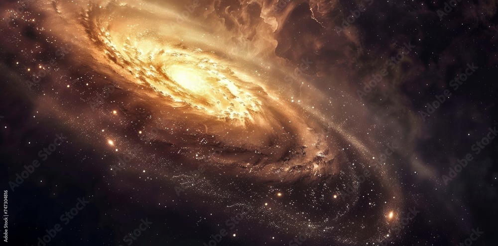 A stunning view of a spiral galaxy in the vastness of outer space, surrounded by twinkling stars and illuminated by a bright yellow light A stunning view of a spiral galaxy in the vastness of outer space, surrounded by twinkling stars and illuminated by a bright yellow light