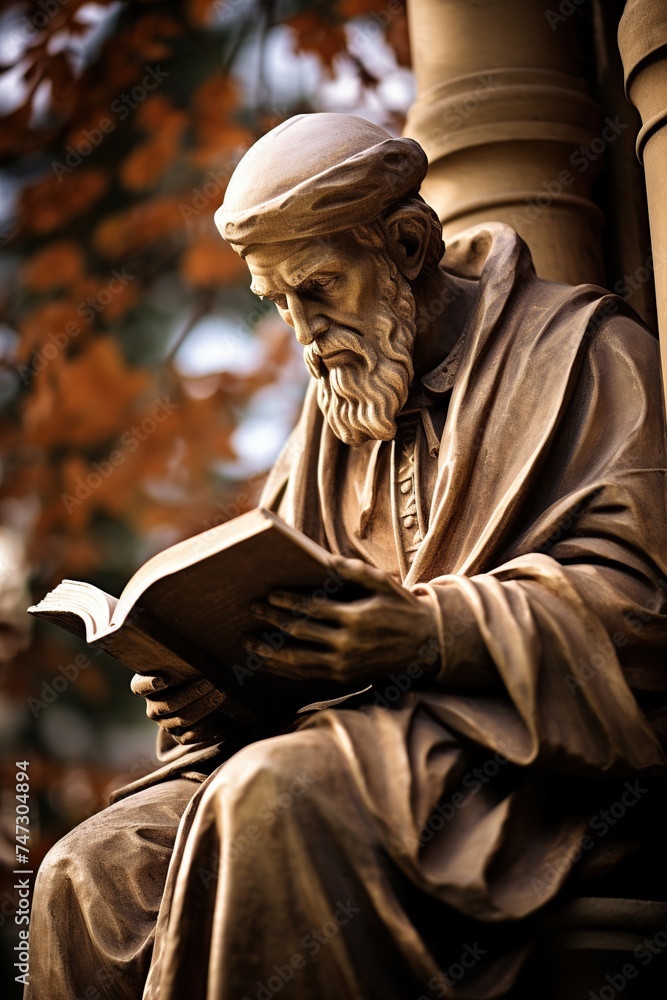 Sculpture of a man reading a book in the park