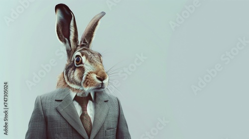 a hare wearing a suit with a tie on a plain white background on the left side of the image and the right side blank for text © SardarMuhammad